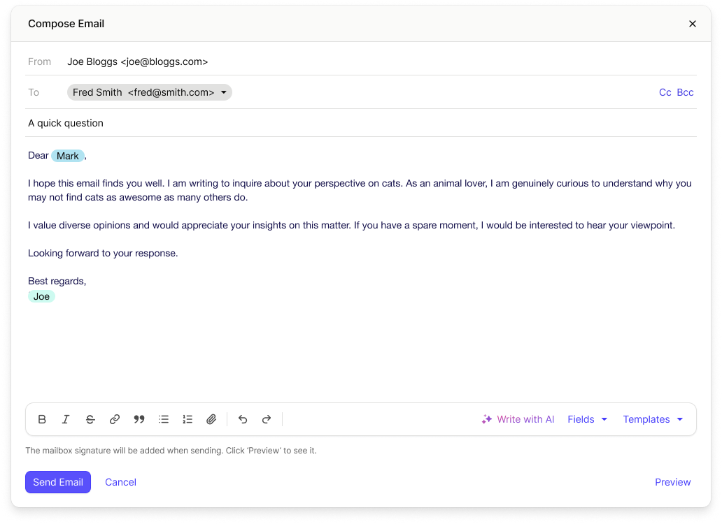 Image of an Email Editor with example content