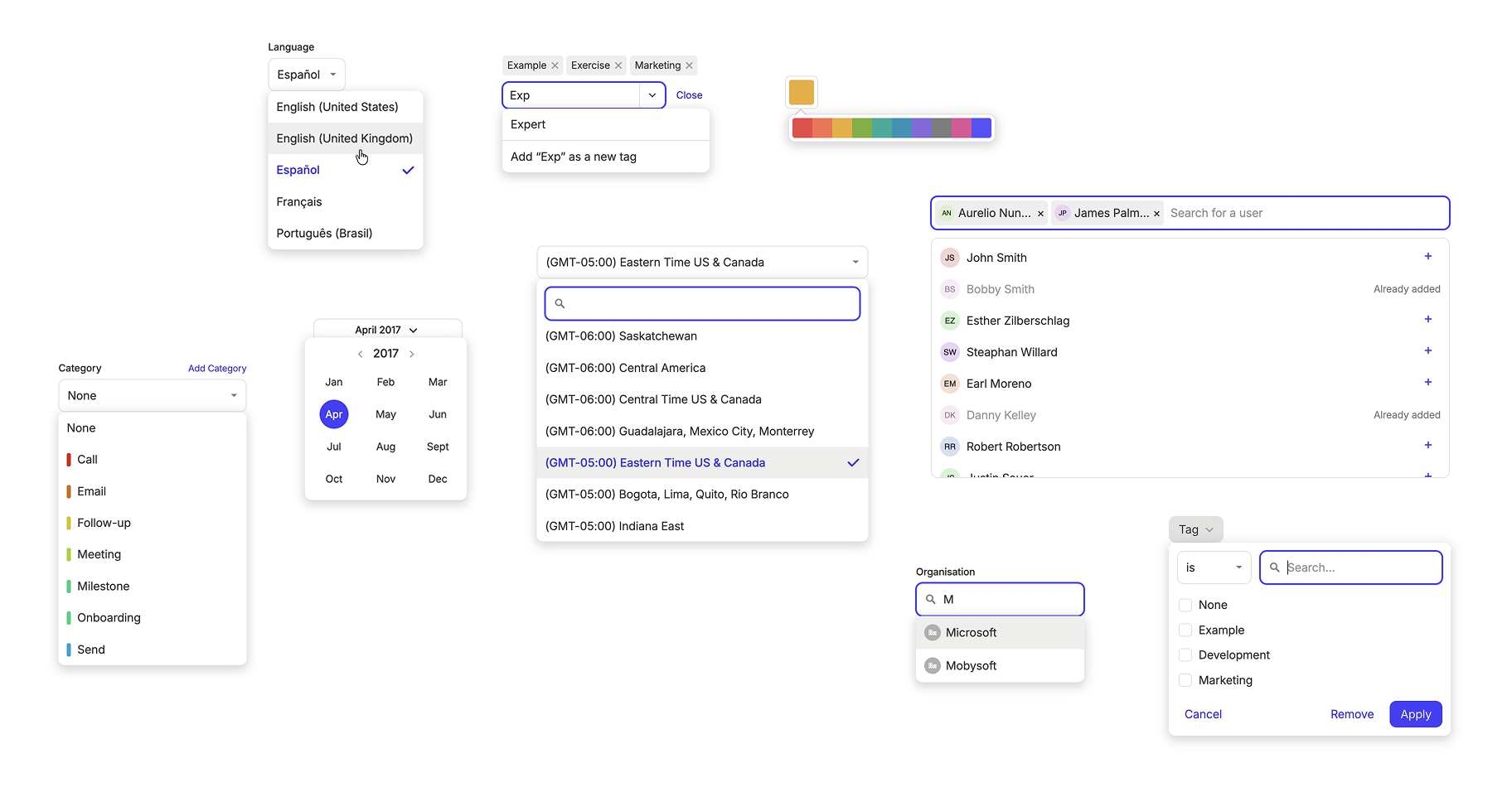 Image of multiple different types of select boxes