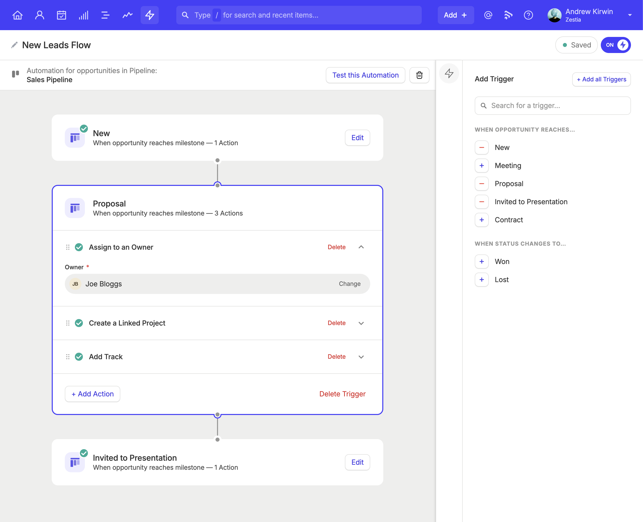 Image of the Workflow Automations user interface